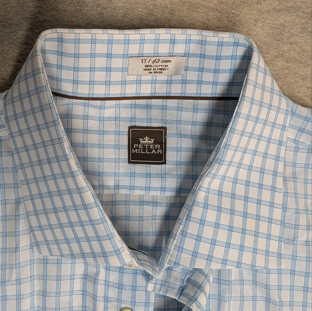 Peter Millar Sky Blue & White Checkered Cotton Button Down Shirt Mens Size 17-43 - Picture 2 of 7